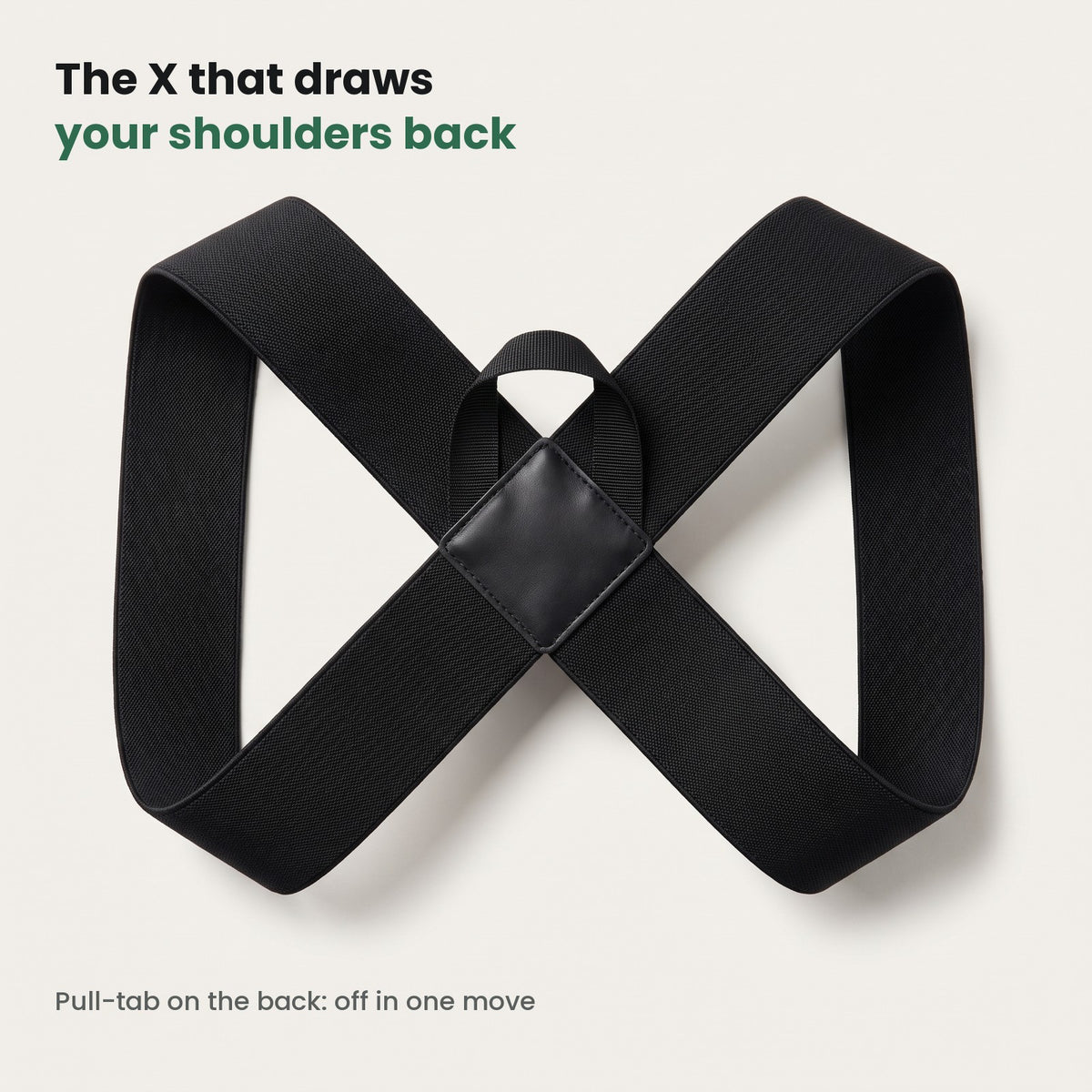 AXLA posture strap back side: the stretch X with pull-tab