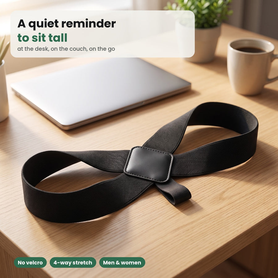 AXLA posture strap on a desk: a quiet reminder to sit tall