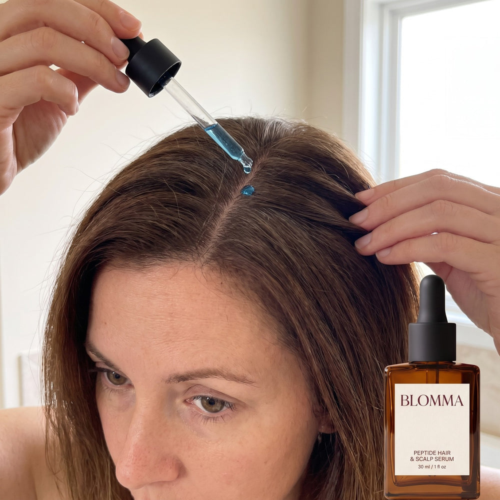 Applying BLOMMA serum to the scalp along the part