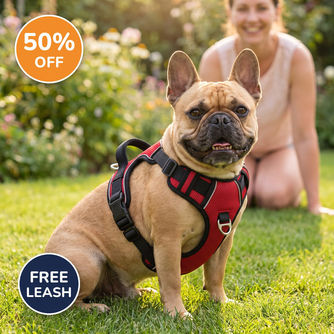 Red Chicken Dog No-Pull Harness on a French bulldog - 50% off + free leash