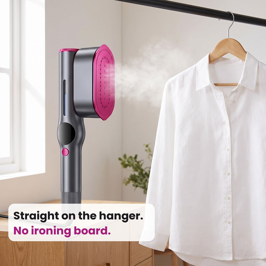 FRASA handheld steamer next to a crisp white shirt on a hanger