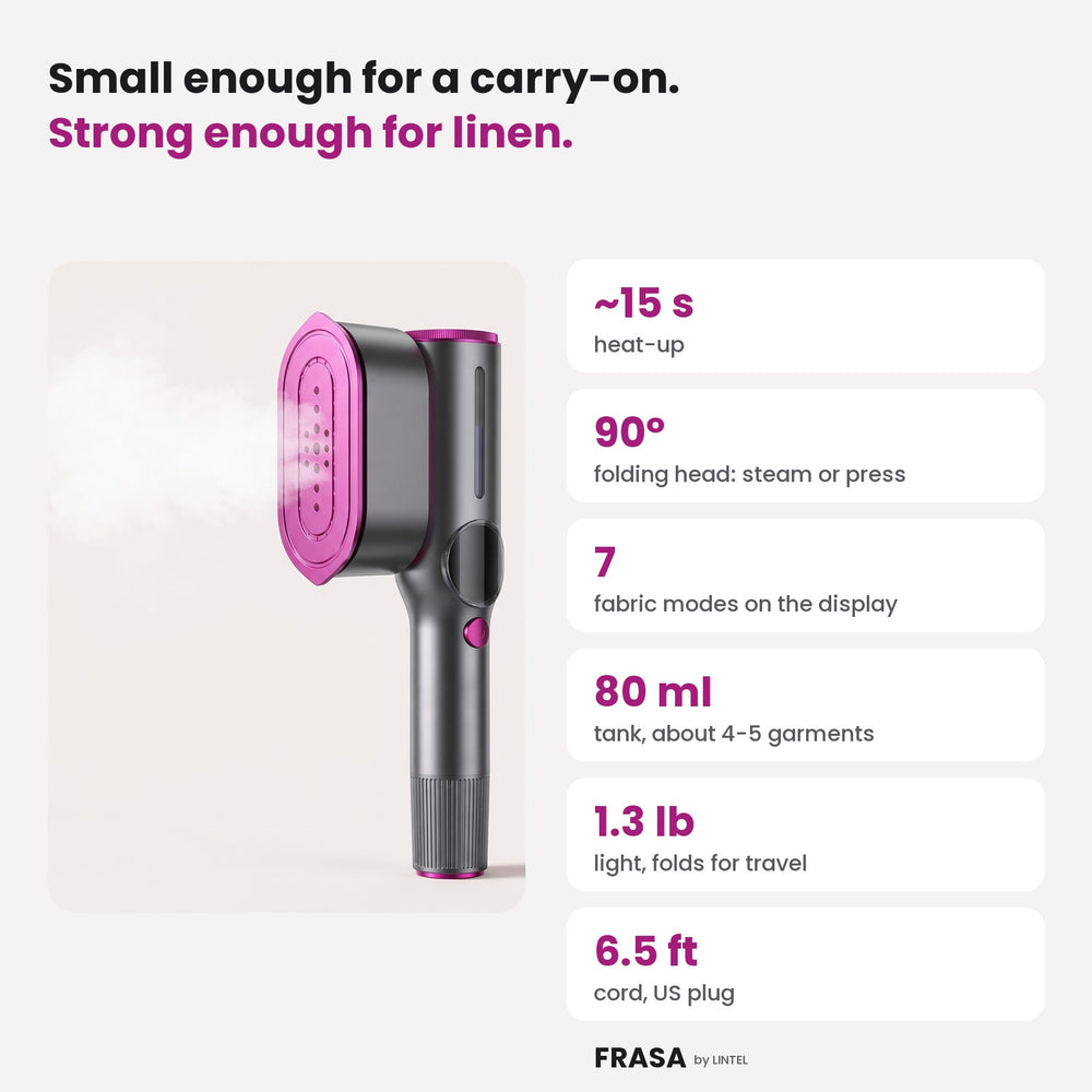 FRASA steamer specs: 15 second heat-up, 90 degree head, 7 modes, 80 ml tank