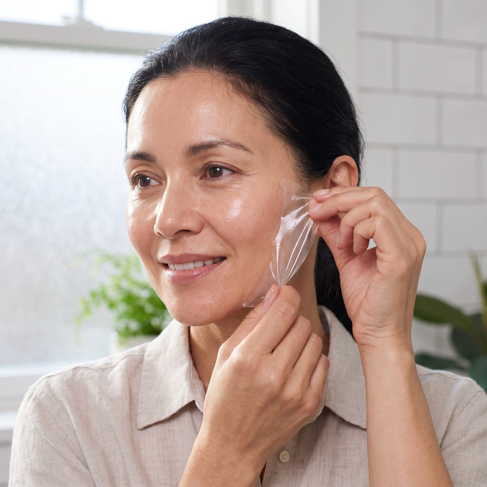 Peeling off the clear FUKTA mask after the collagen has absorbed