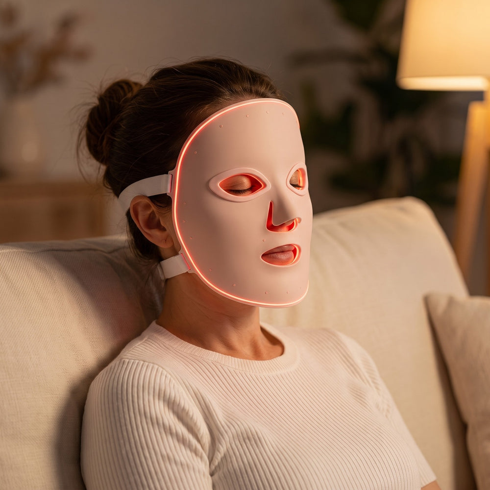Woman relaxing on the sofa wearing the GLANSA LED Face Mask