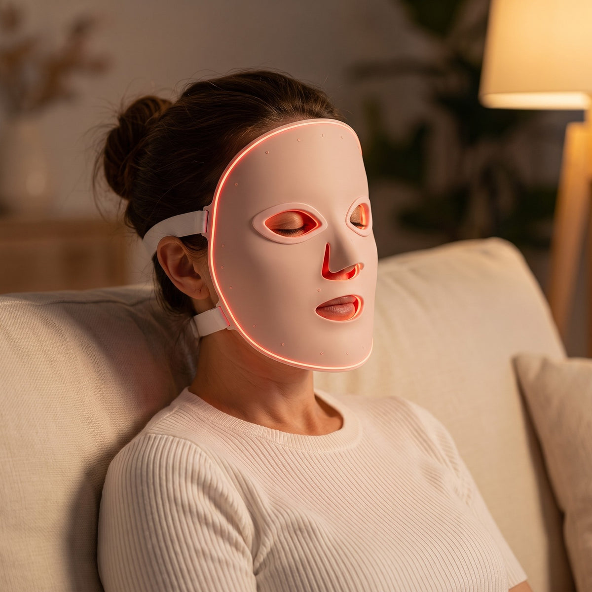 Woman relaxing on the sofa wearing the GLANSA LED Face Mask