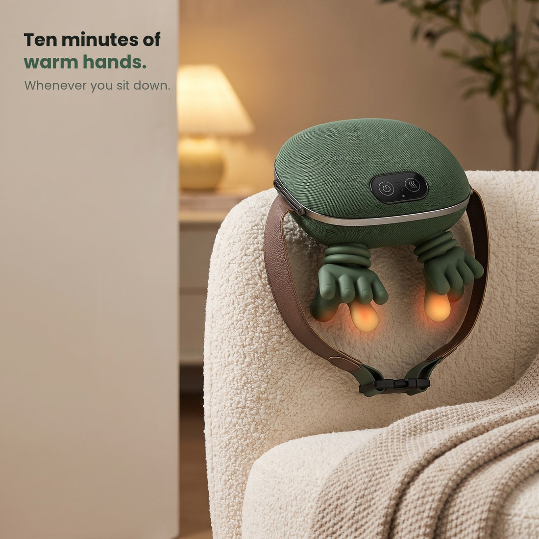 KNADA resting on an armchair, thumbs warming up