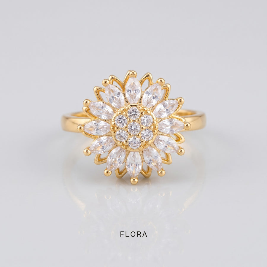 LUGNA Calm Ring Flora in gold, spinning crystal sunflower