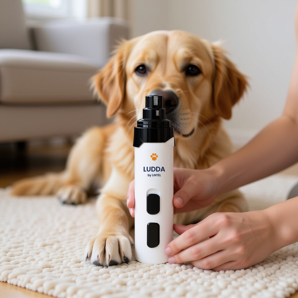 Calm golden retriever next to the LUDDA Pro nail grinder
