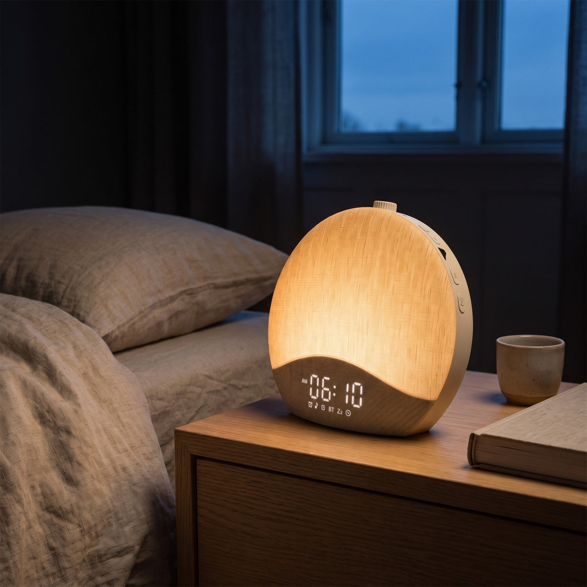 VAKNA sunrise alarm clock glowing on a bedside table before dawn