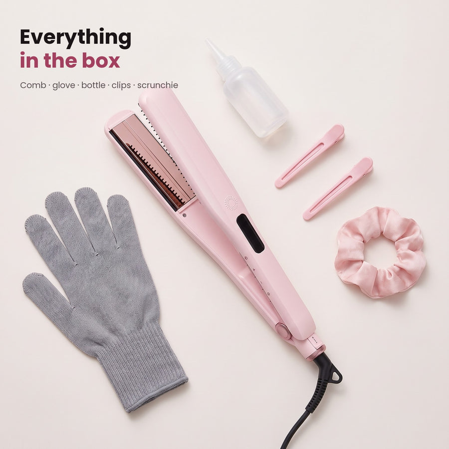 ANGA straightener with glove, water bottle, clips and scrunchie