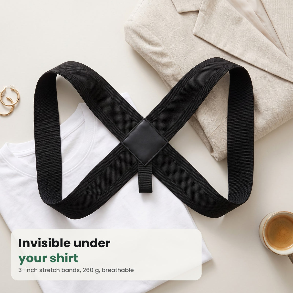 AXLA posture strap with a T-shirt and blazer: thin enough to wear under clothes