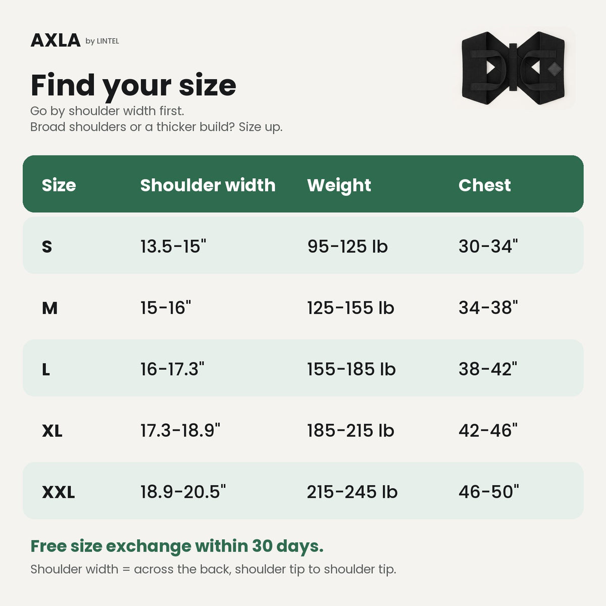 AXLA size guide S to XXL by shoulder width, weight and chest