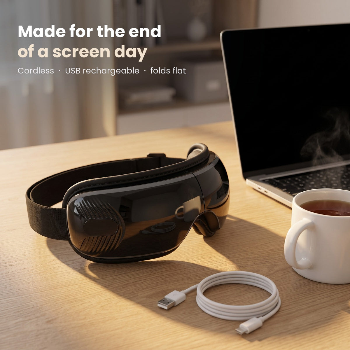 DVALA eye massager on a desk next to a laptop