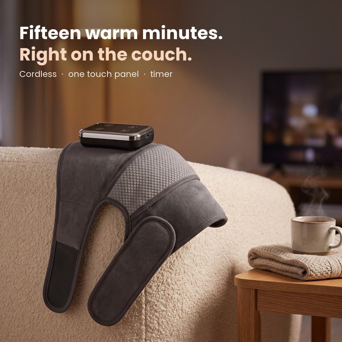 GLODA knee massager on the arm of a couch in the evening