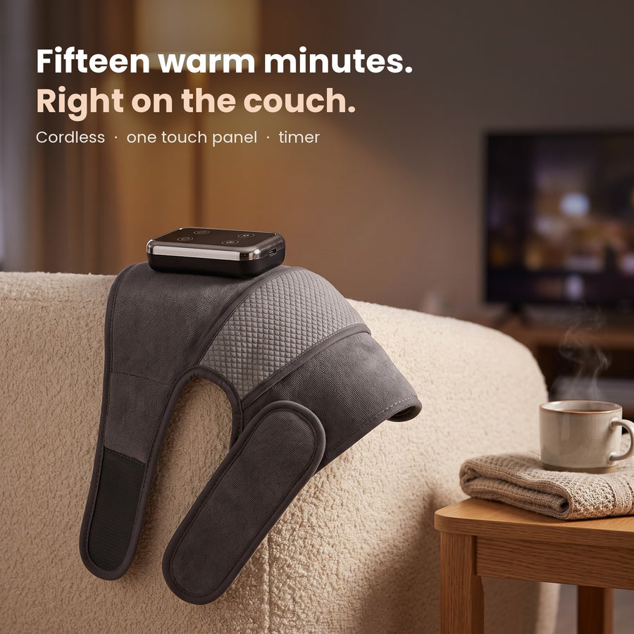GLODA knee massager on the arm of a couch in the evening
