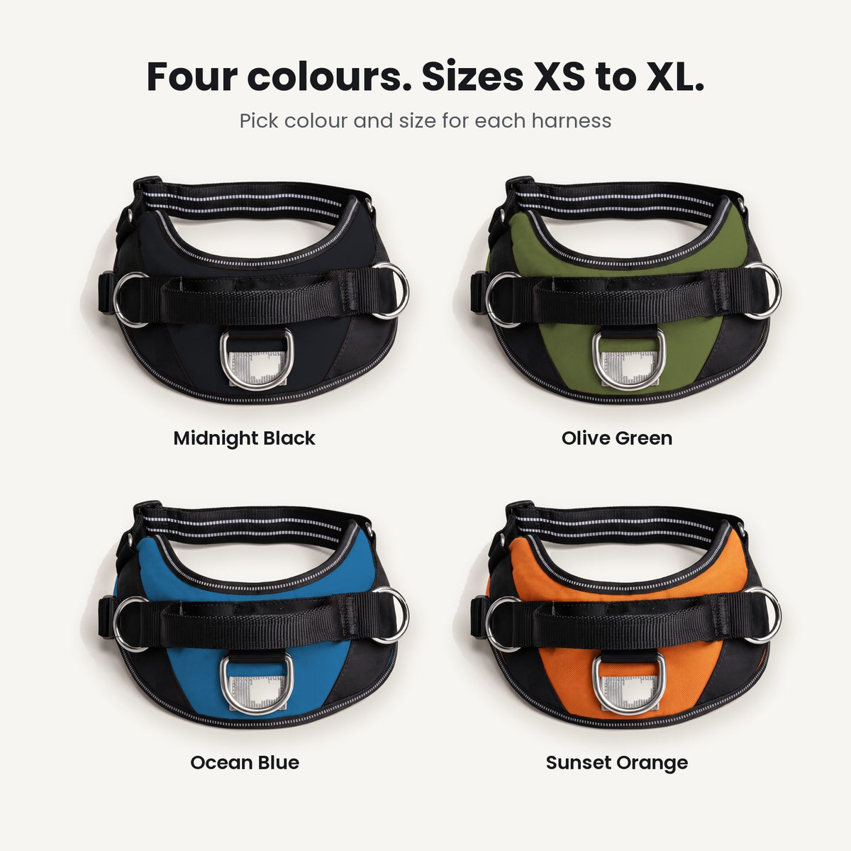 KOPPLA no-pull dog harness in Midnight Black, Olive Green, Ocean Blue and Sunset Orange