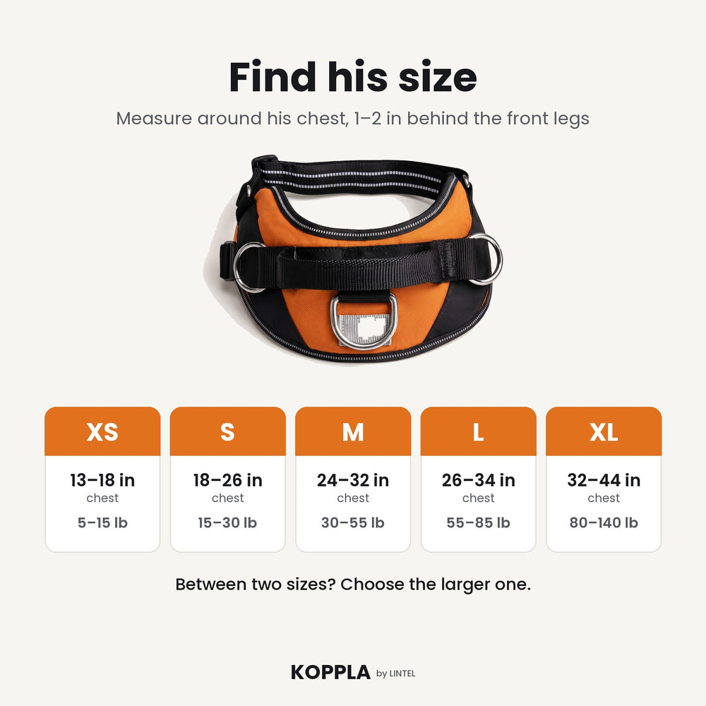 KOPPLA size guide XS to XL by chest girth