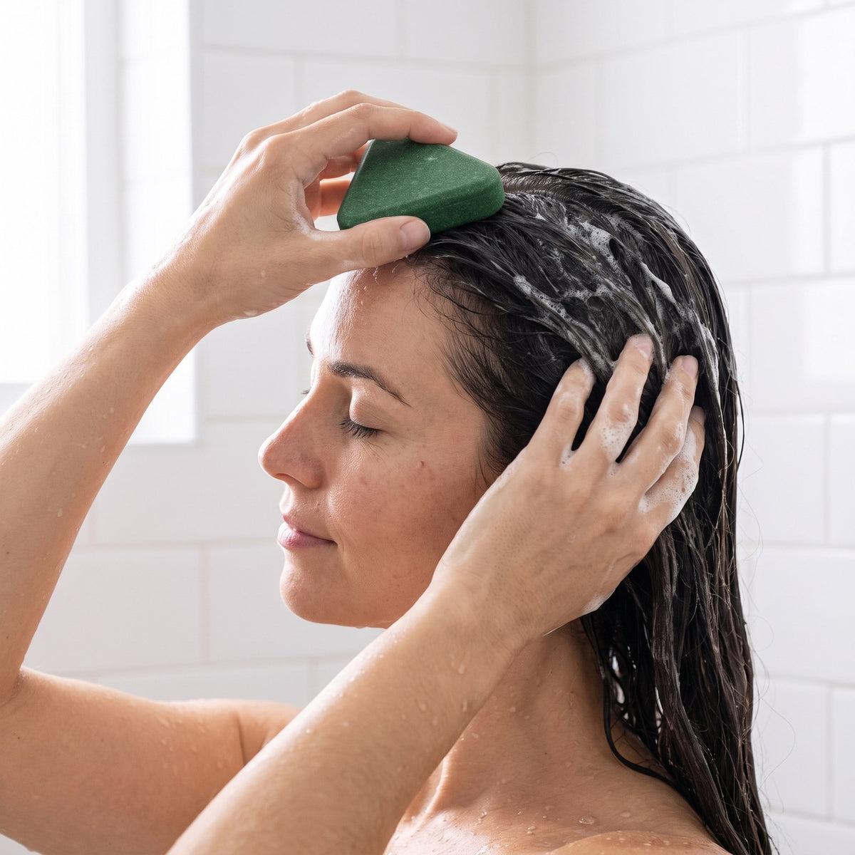 Gliding the RENSA bar over a wet scalp in the shower