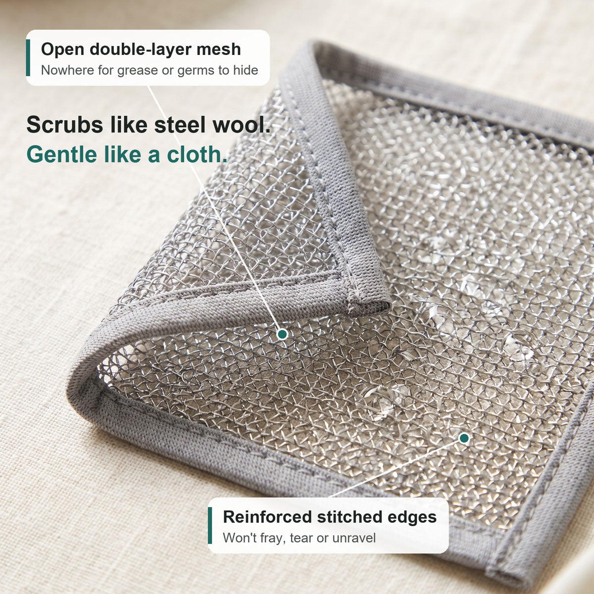Open double-layer mesh and reinforced stitched edges