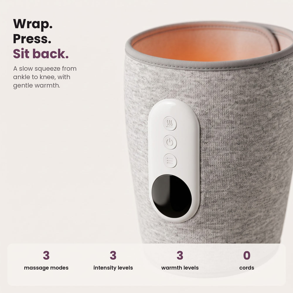 SVEPA close-up: control unit with heat, power and intensity buttons; 3 massage modes, 3 intensity levels, 3 warmth levels, cordless