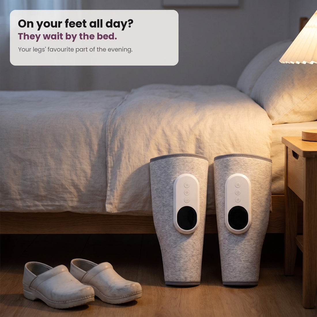 Two SVEPA wraps at the foot of a bed next to work clogs