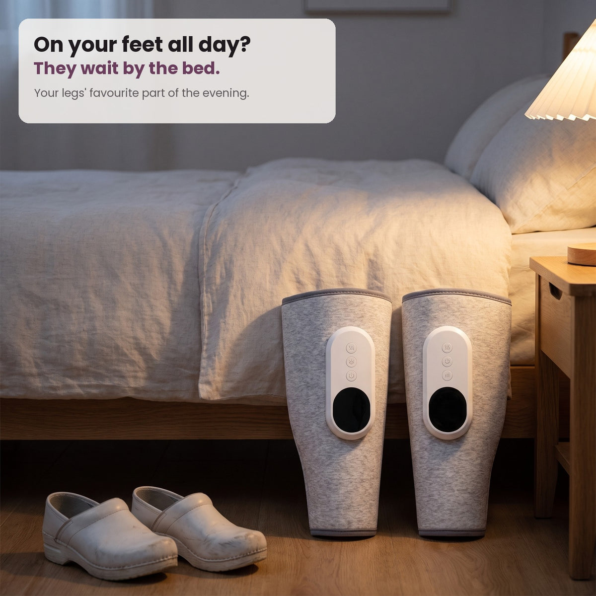 Two SVEPA wraps at the foot of a bed next to work clogs