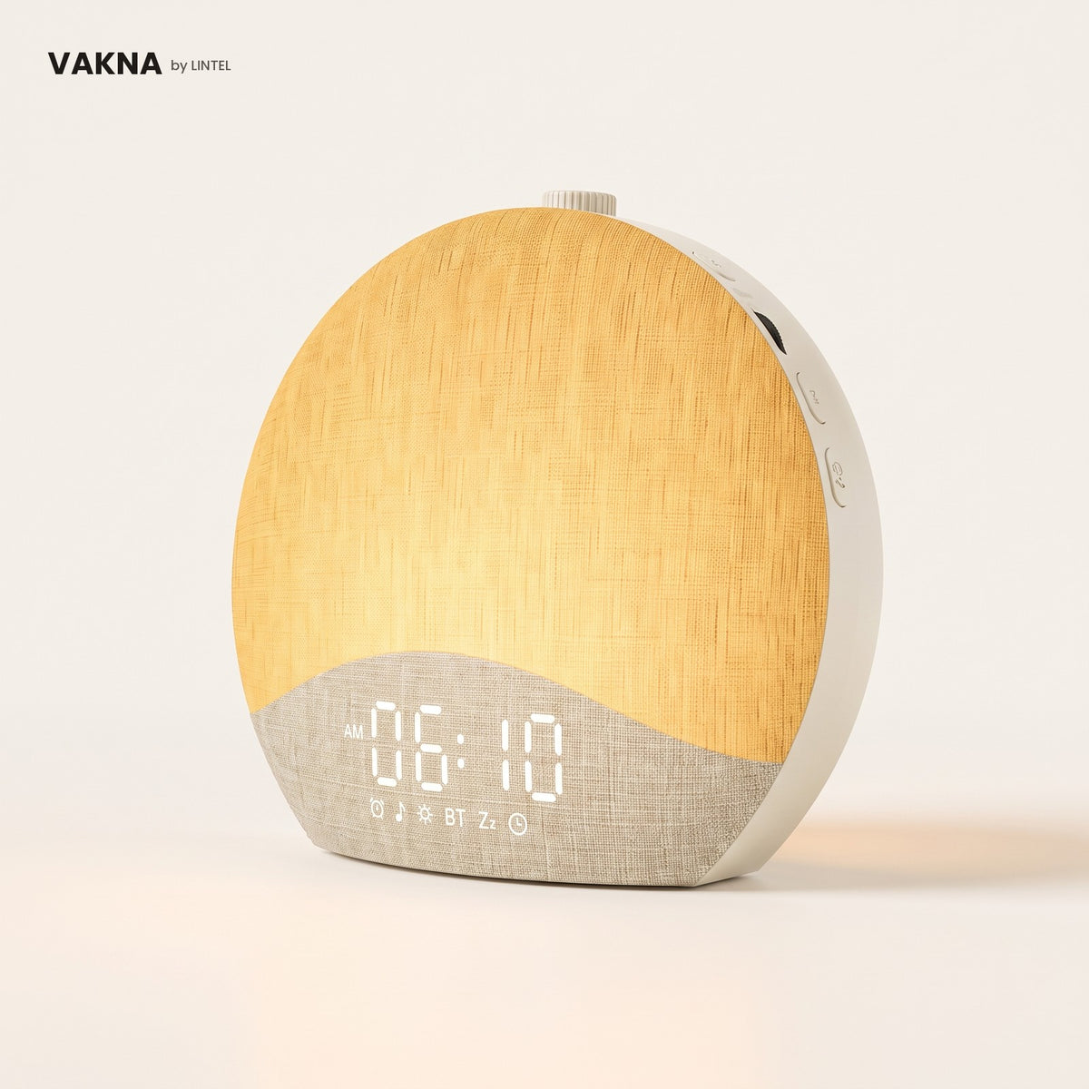 VAKNA sunrise alarm clock, Natural linen, glowing warm amber