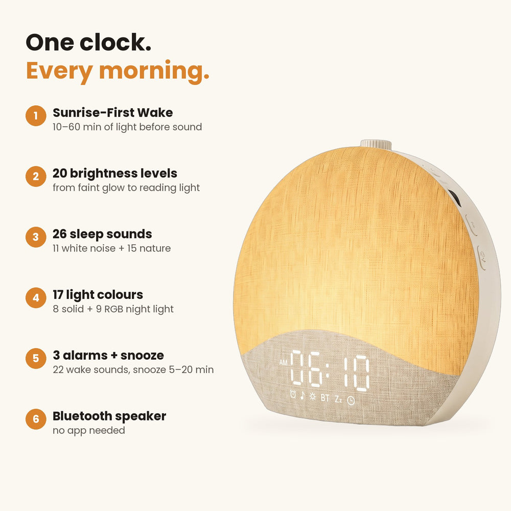 Sunrise-First Wake, 20 brightness levels, 26 sleep sounds, 17 light colours, 3 alarms and snooze, Bluetooth speaker
