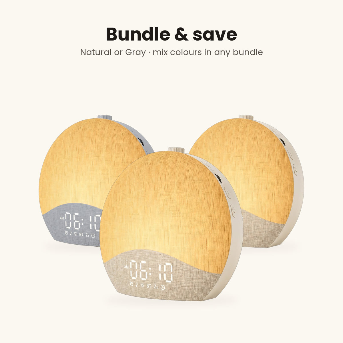 VAKNA sunrise alarm clocks in Natural and Gray: bundle of 1, 2 or 3