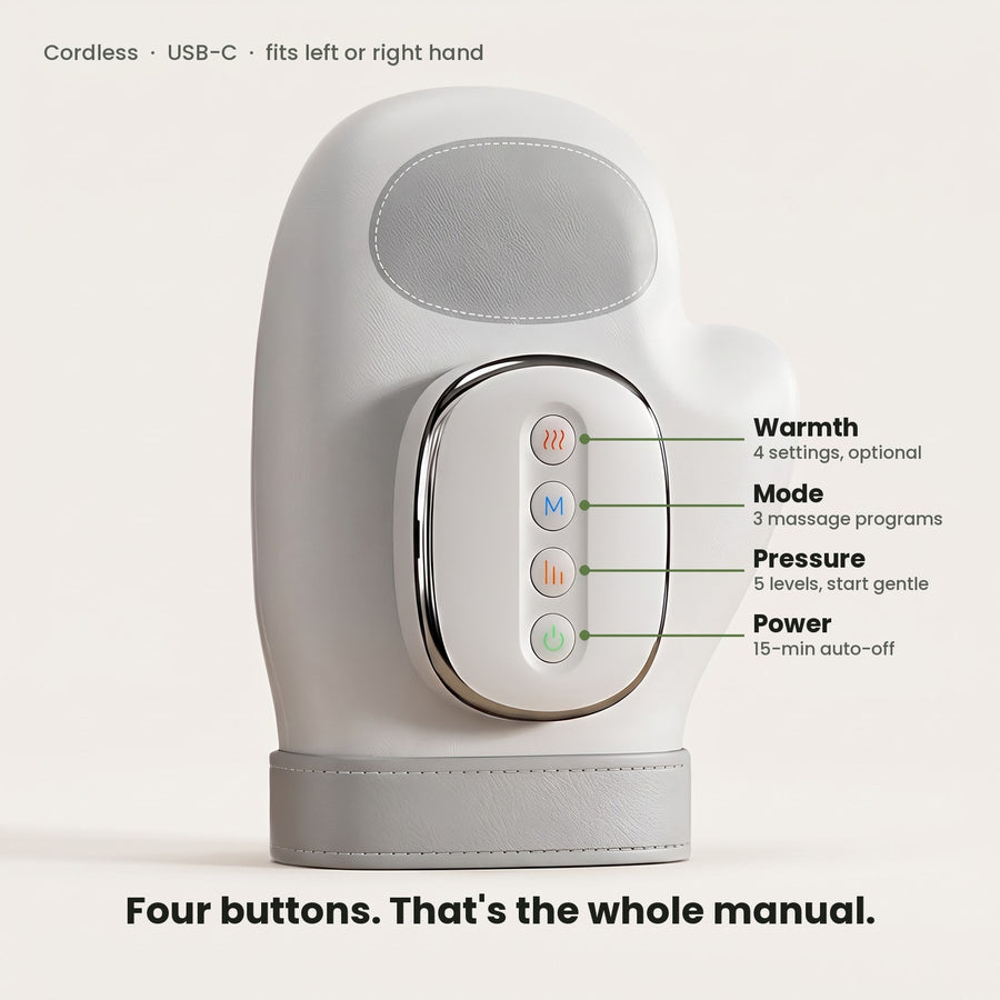 VIRKA hand massager buttons: warmth, mode, pressure, power