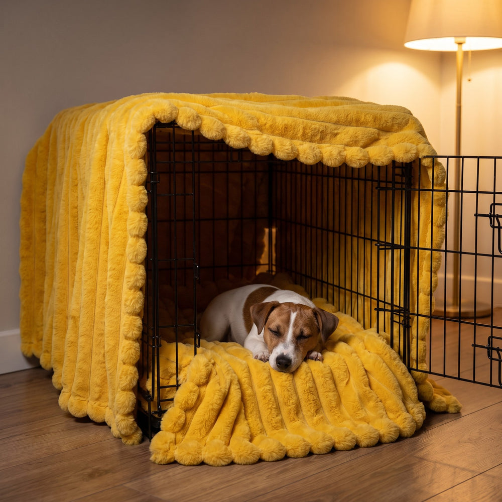 Puppy resting in a crate lined and covered with the VOFFA blanket